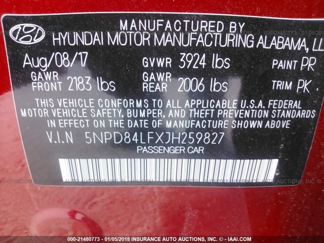 5NPD84LFXJH259827 - 2018 HYUNDAI ELANTRA SEL/VALUE/LIMITED RED photo 9