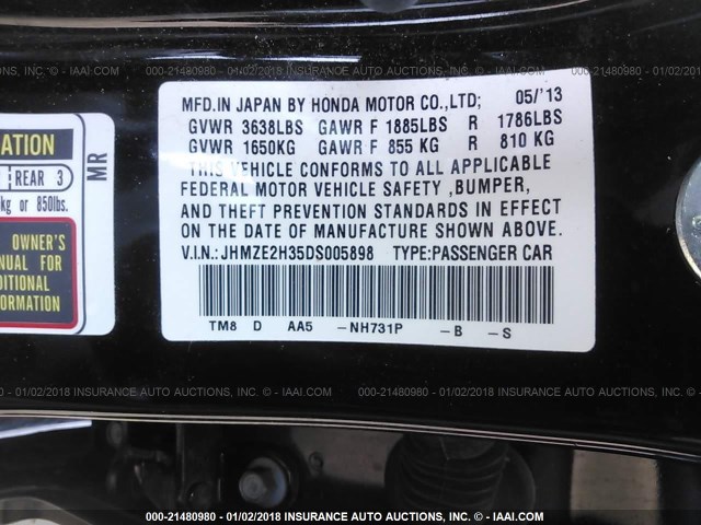 JHMZE2H35DS005898 - 2013 HONDA INSIGHT BLACK photo 9