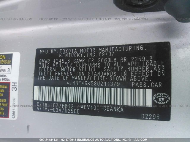 4T1BE46K58U211379 - 2008 TOYOTA CAMRY CE/LE/XLE/SE SILVER photo 9