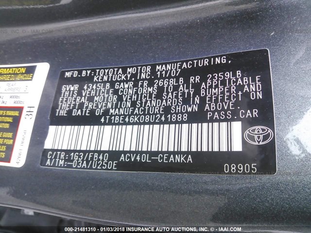 4T1BE46K08U241888 - 2008 TOYOTA CAMRY CE/LE/XLE/SE GRAY photo 9