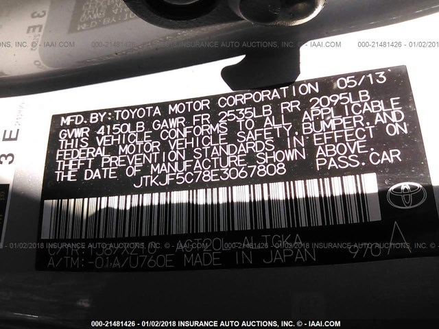 JTKJF5C78E3067808 - 2014 TOYOTA SCION TC 银色 照片 9