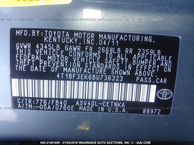 4T1BF3EK6BU736323 - 2011 TOYOTA CAMRY SE/LE/XLE GREEN photo 9