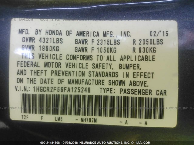 1HGCR2F56FA125249 - 2015 HONDA ACCORD SPORT 灰色 照片 9