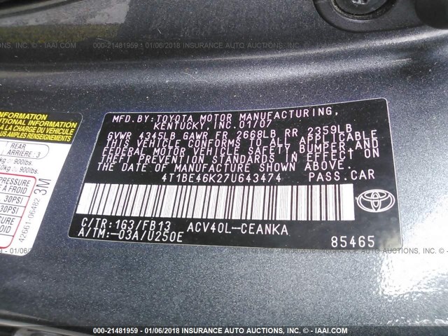 4T1BE46K27U643474 - 2007 TOYOTA CAMRY NEW GENERAT CE/LE/XLE/SE GRAY photo 9