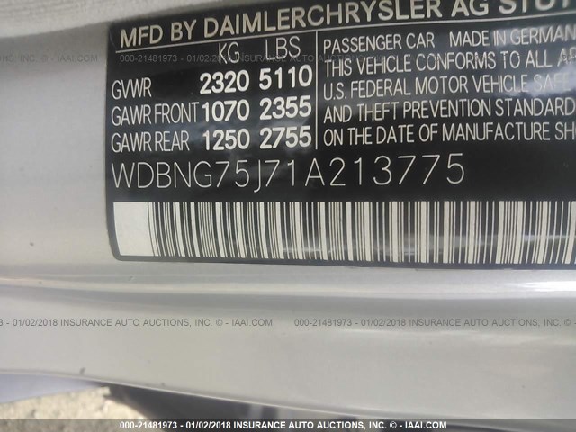 WDBNG75J71A213775 - 2001 MERCEDES-BENZ S 500 SILVER photo 9