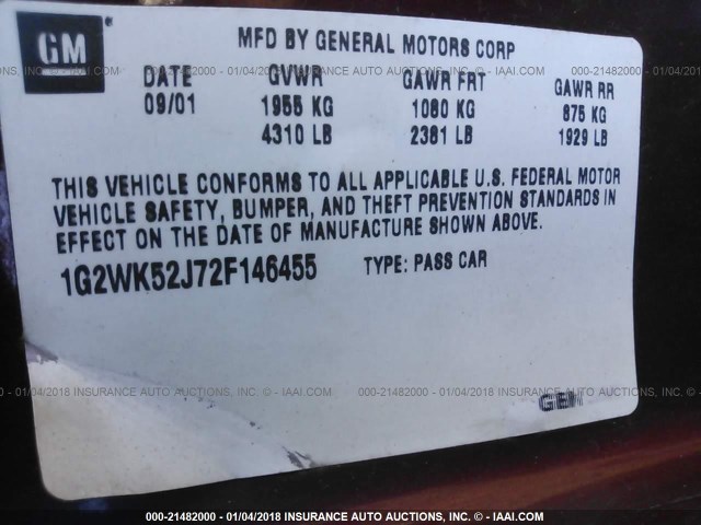 1G2WK52J72F146455 - 2002 PONTIAC GRAND PRIX SE ბურგუნდია ფოტო 9