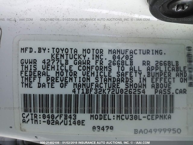 4T1BF32K72U026254 - 2002 TOYOTA CAMRY LE/XLE/SE WHITE photo 9