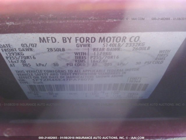 1FTZR45E47PA78078 - 2007 FORD RANGER SUPER CAB RED photo 9