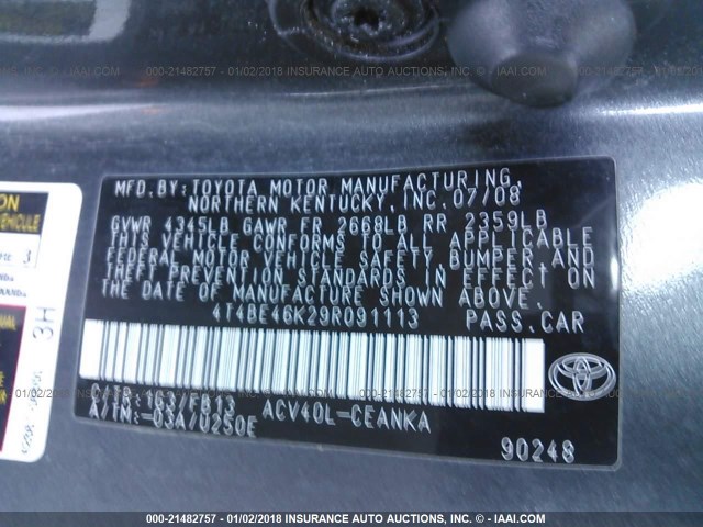 4T4BE46K29R091113 - 2009 TOYOTA CAMRY SE/LE/XLE ნაცრისფერი ფოტო 9