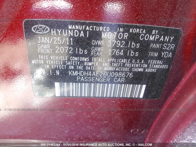 KMHDH4AE2BU098676 - 2011 HYUNDAI ELANTRA GLS/LIMITED RED photo 9