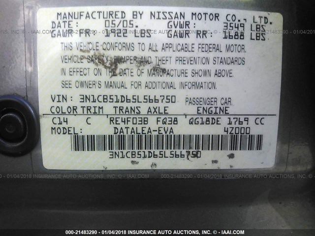 3N1CB51D65L566750 - 2005 NISSAN SENTRA 1.8/1.8S GRAY photo 9