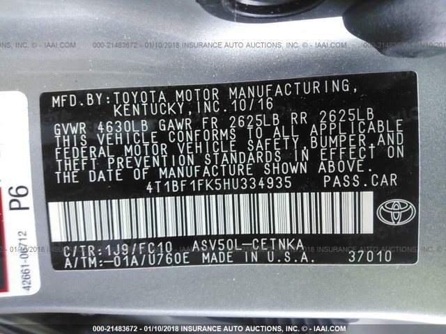 4T1BF1FK5HU334935 - 2017 TOYOTA CAMRY LE/XLE/SE/XSE SILVER photo 9