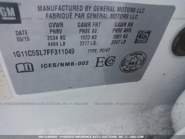 1G11C5SL7FF311049 - 2015 CHEVROLET MALIBU 1LT 白色 照片 8