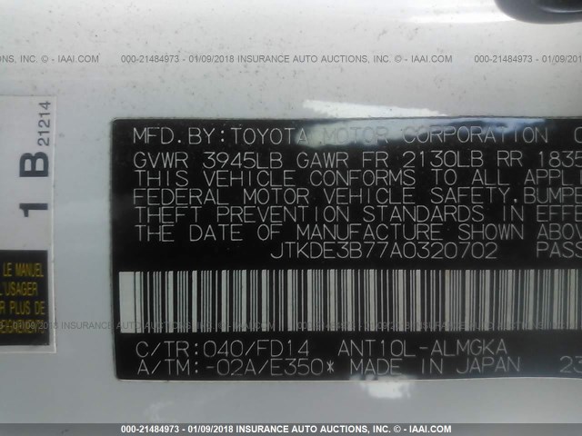 JTKDE3B77A0320702 - 2010 TOYOTA SCION TC 白色 照片 9