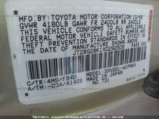 JT2BG28K1X0292508 - 1999 TOYOTA CAMRY LE/XLE Gold Foto 9