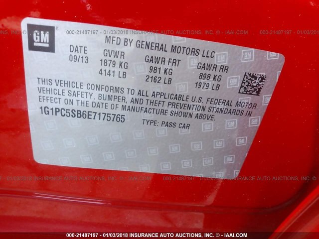 1G1PC5SB6E7175765 - 2014 CHEVROLET CRUZE LT RED photo 9