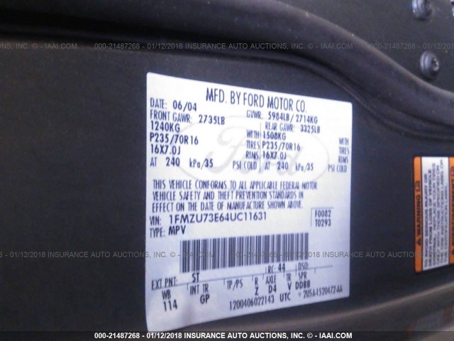 1FMZU73E64UC11631 - 2004 FORD EXPLORER XLT/XLT SPORT/NBX 绿色 照片 9