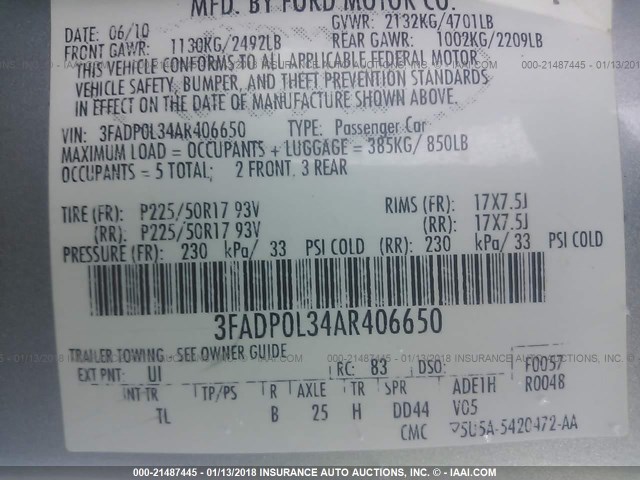 3FADP0L34AR406650 - 2010 FORD FUSION HYBRID SILVER photo 9