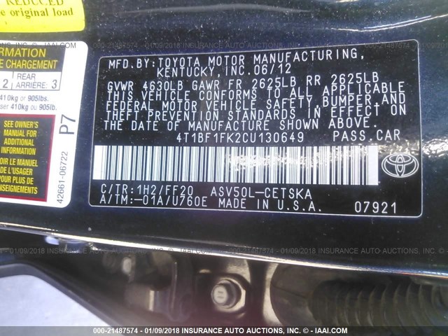 4T1BF1FK2CU130649 - 2012 TOYOTA CAMRY SE/LE/XLE GRAY photo 9