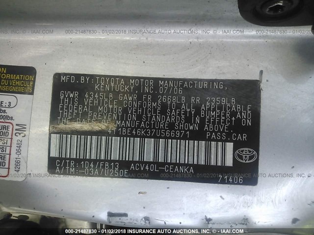 4T1BE46K37U566971 - 2007 TOYOTA CAMRY NEW GENERAT CE/LE/XLE/SE SILVER photo 9