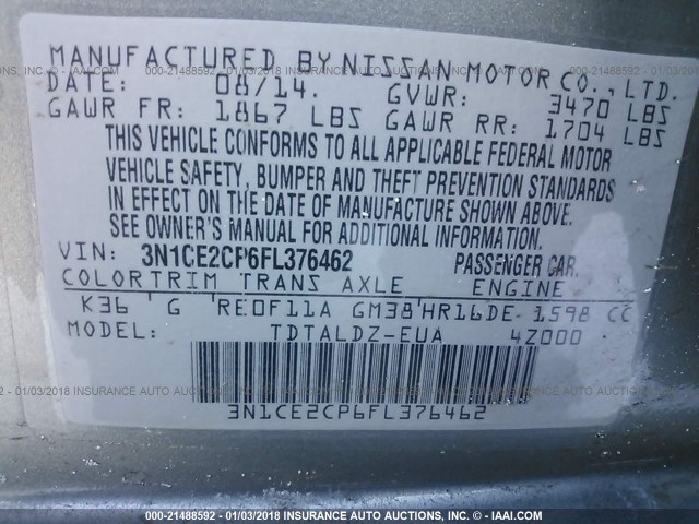 3N1CE2CP6FL376462 - 2015 NISSAN VERSA NOTE S/S PLUS/SV/SL/SR SILVER photo 9