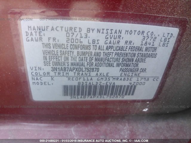 3N1AB7APXDL752870 - 2013 NISSAN SENTRA S/SV/SR/SL RED photo 9