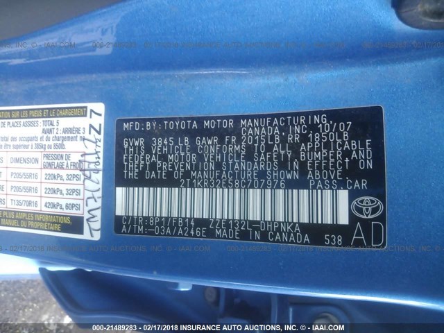 2T1KR32E58C707976 - 2008 TOYOTA COROLLA MATRIX XR BLUE photo 9