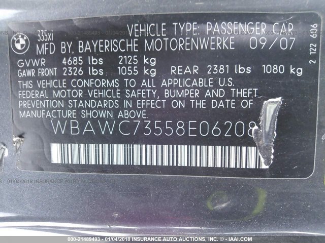 WBAWC73558E062085 - 2008 BMW 335 XI GRAY photo 9