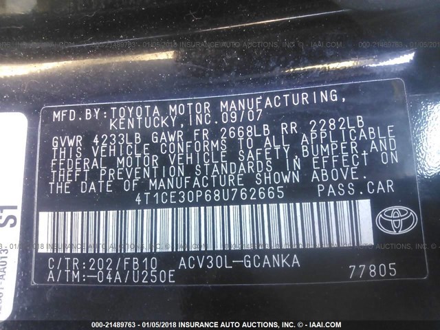 4T1CE30P68U762665 - 2008 TOYOTA CAMRY SOLARA SE/SLE/SPORT BLACK photo 9