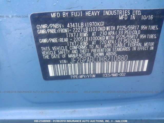 JF2GPABC0H8210880 - 2017 SUBARU CROSSTREK PREMIUM ლურჯი ფოტო 9