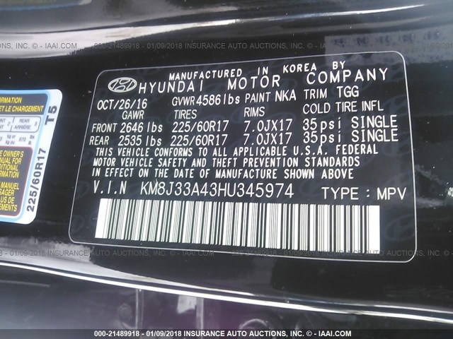 KM8J33A43HU345974 - 2017 HYUNDAI TUCSON LIMITED/SPORT AND ECO/SE BLACK photo 9