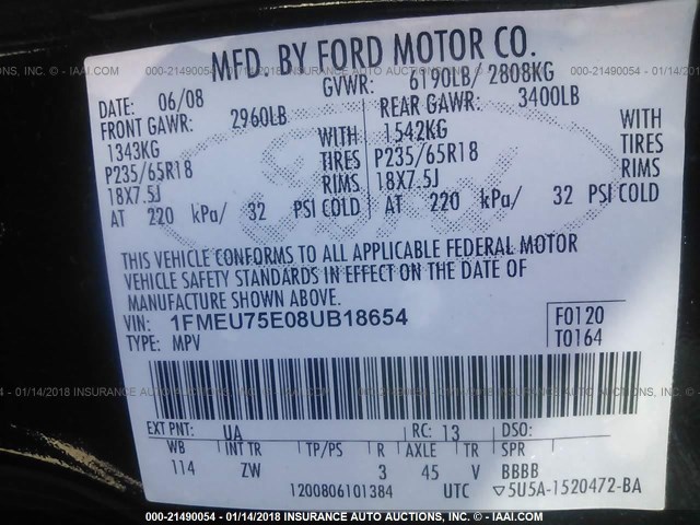 1FMEU75E08UB18654 - 2008 FORD EXPLORER LIMITED 黑色 照片 9