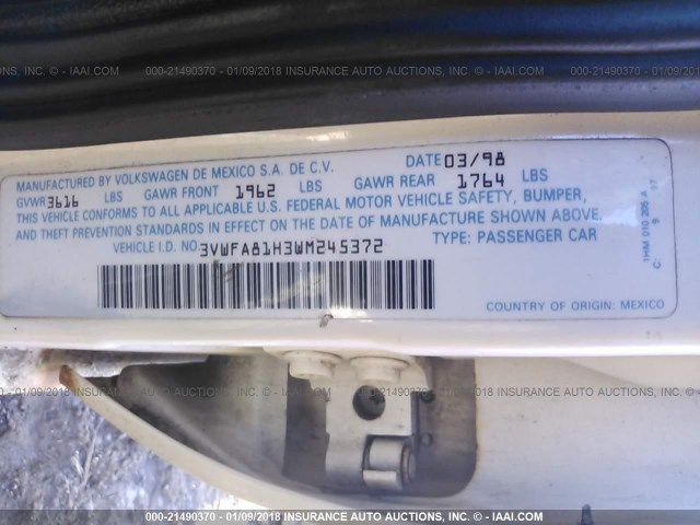 3VWFA81H3WM245372 - 1998 VOLKSWAGEN GOLF GL WHITE photo 9