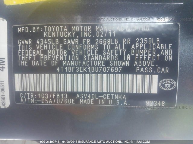 4T1BF3EK1BU707697 - 2011 TOYOTA CAMRY SE/LE/XLE GRAY photo 9