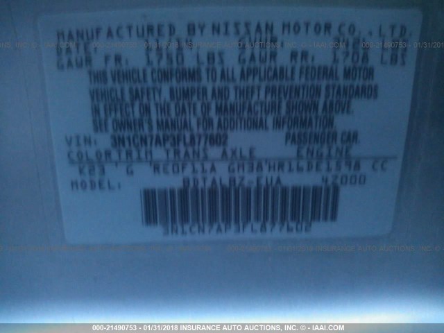 3N1CN7AP3FL877602 - 2015 NISSAN VERSA S/S PLUS/SV/SL SILVER photo 9