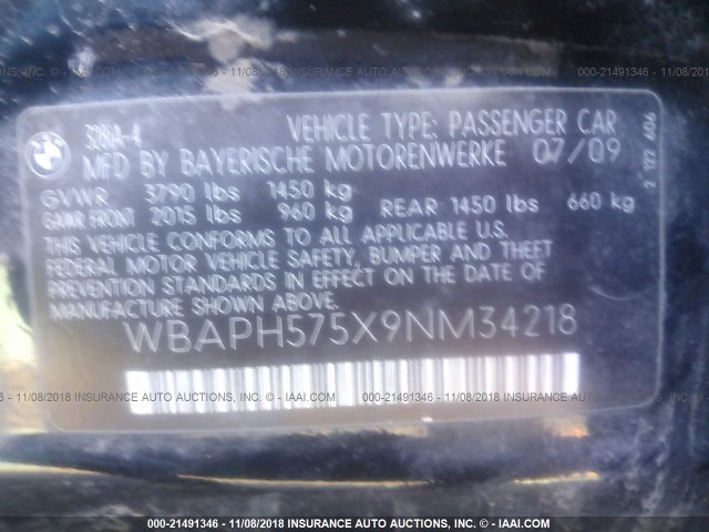 WBAPH575X9NM34218 - 2009 BMW 328 I SULEV BLACK photo 9