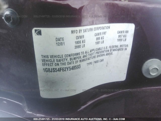 1G8JS54F62Y548593 - 2002 SATURN L100 MAROON photo 9