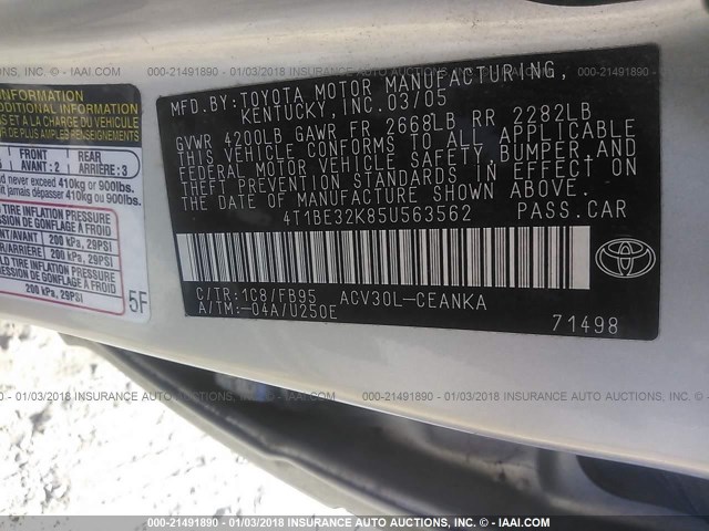 4T1BE32K85U563562 - 2005 TOYOTA CAMRY LE/XLE/SE SILVER photo 9