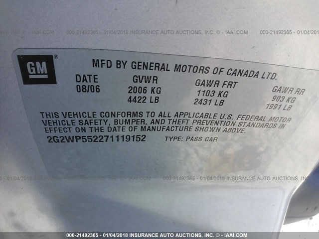 2G2WP552271119152 - 2007 PONTIAC GRAND PRIX SILVER photo 9