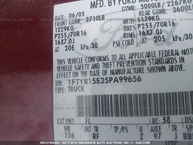1FTYR15E35PA99656 - 2005 FORD RANGER SUPER CAB RED photo 9