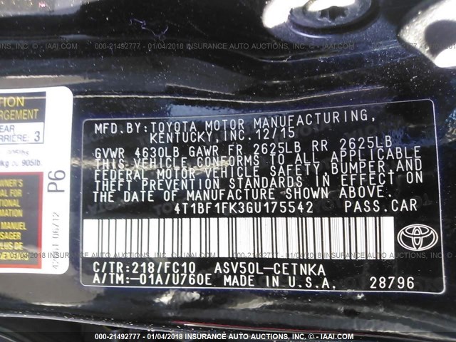 4T1BF1FK3GU175542 - 2016 TOYOTA CAMRY LE/XLE/SE/XSE 黑色 照片 9