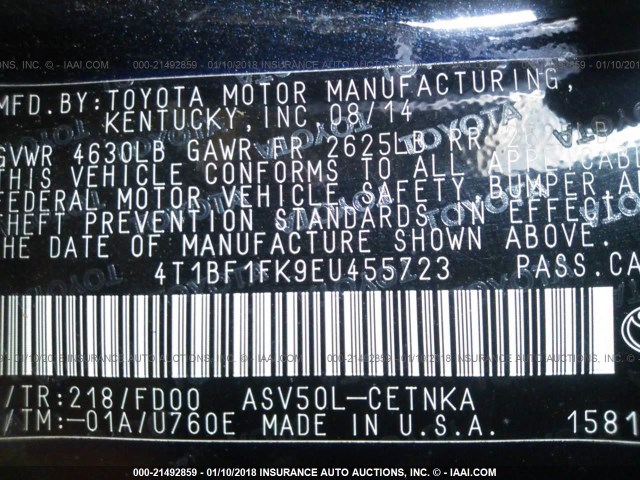 4T1BF1FK9EU455723 - 2014 TOYOTA CAMRY L/SE/LE/XLE 黑色 照片 9
