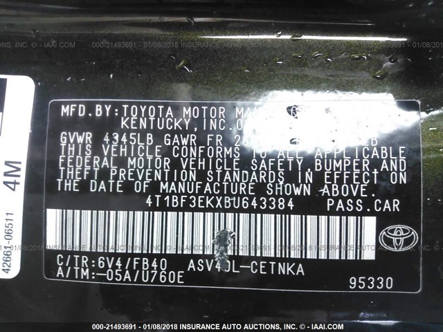 4T1BF3EKXBU643384 - 2011 TOYOTA CAMRY SE/LE/XLE GREEN photo 9