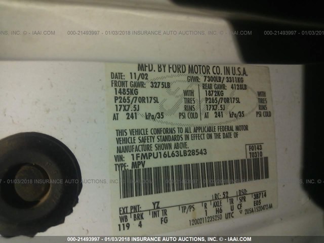 1FMPU16L63LB28543 - 2003 FORD EXPEDITION XLT WHITE photo 9