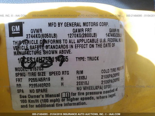 1GCES14H75B114255 - 2005 CHEVROLET SSR 黄色 照片 9