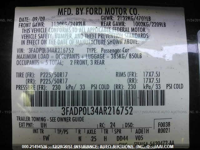 3FADP0L34AR216752 - 2010 FORD FUSION HYBRID BLACK photo 9