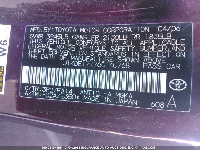 JTKDE177760140768 - 2006 TOYOTA SCION TC 栗色 照片 9