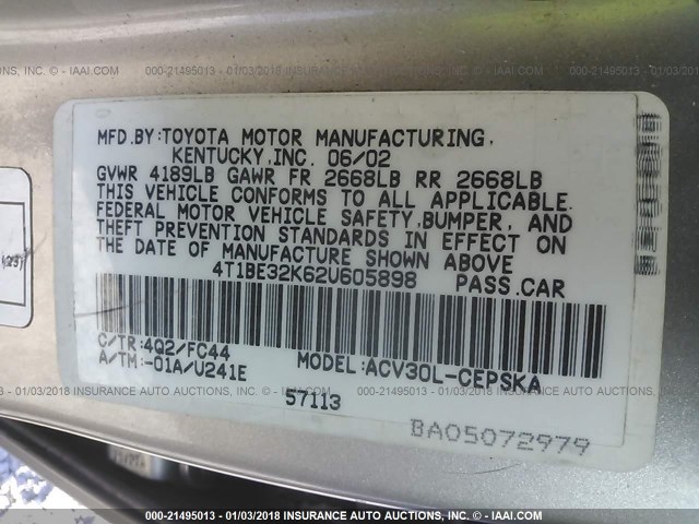 4T1BE32K62U605898 - 2002 TOYOTA CAMRY LE/XLE/SE GOLD photo 9