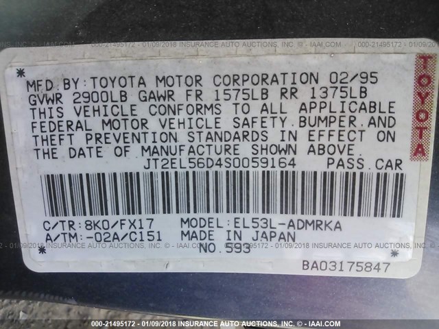 JT2EL56D4S0059164 - 1995 TOYOTA TERCEL DX BLUE photo 9