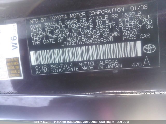 JTKDE167480269698 - 2008 TOYOTA SCION TC 紫色 照片 9